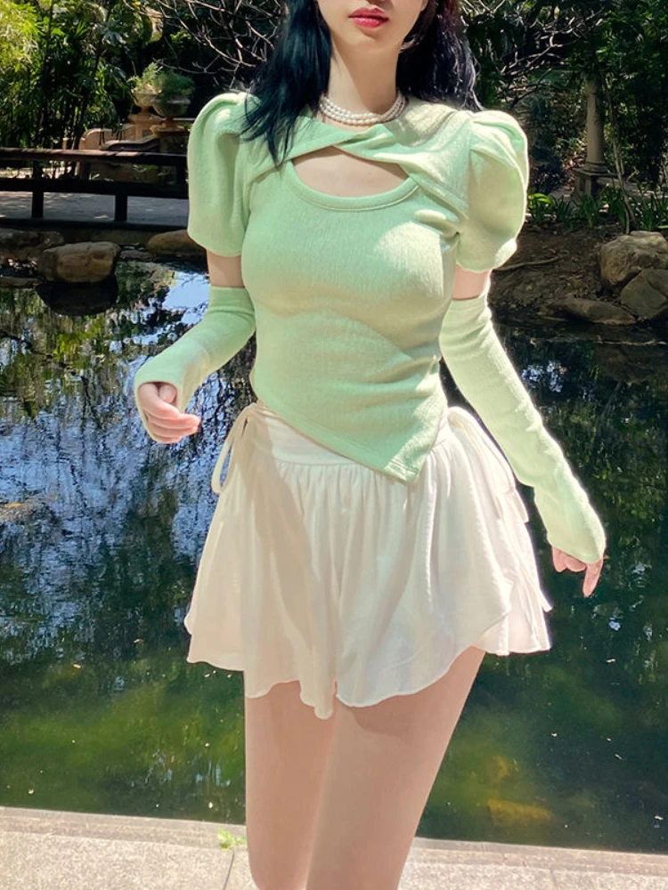 

White Mini Skirt Women Ruched Sexy Bandage A-line Chiffon Sweet Cute Skirts High Street Fairycore Korean Style Pleated