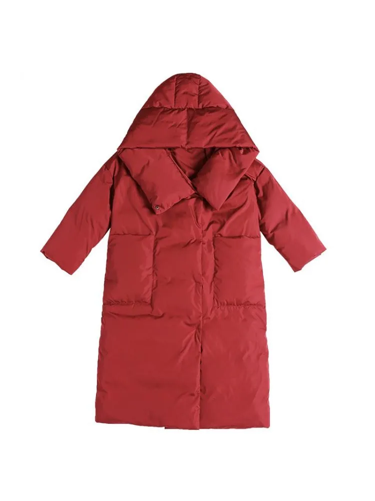 High-End 2022 Winter Fashion Big Hooded  Black Long 90 White Duck Down Coats Women Loose Soft Warmer Bread Cloth Jackets