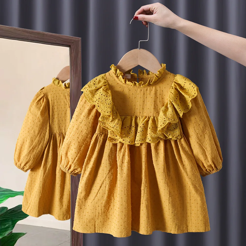 

Baby Girls Floral Princess Dress Spring Autumn Korean Style Long Sleeve Big Turn Down Collar Kids Girl Dresses Summer 2023 New