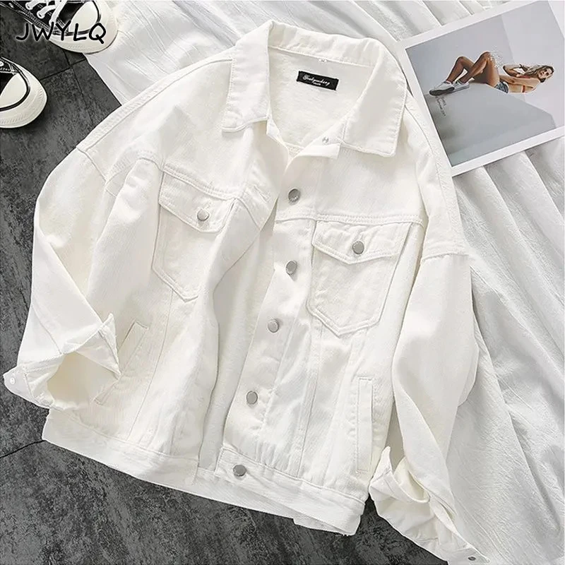 

Bf Style White Jean Jacket Coats Women Solid Color All-match Loose Crop Outwear New Spring Autumn Turn Down Collar Black Jackets