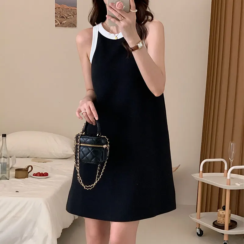 

Summer Retro Short Dress Simple Round Neck Trim Contrast Color Loose Casual Sleeveless Vest Dresses Women