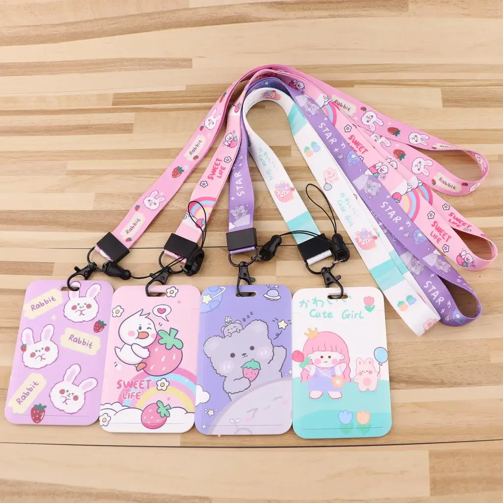 

Strawberry Rabbit Lanyard Keychain ID Credit Card Cover Pass Mobile Phone Charm Neck Straps Badge Holder Key Holder Accessories