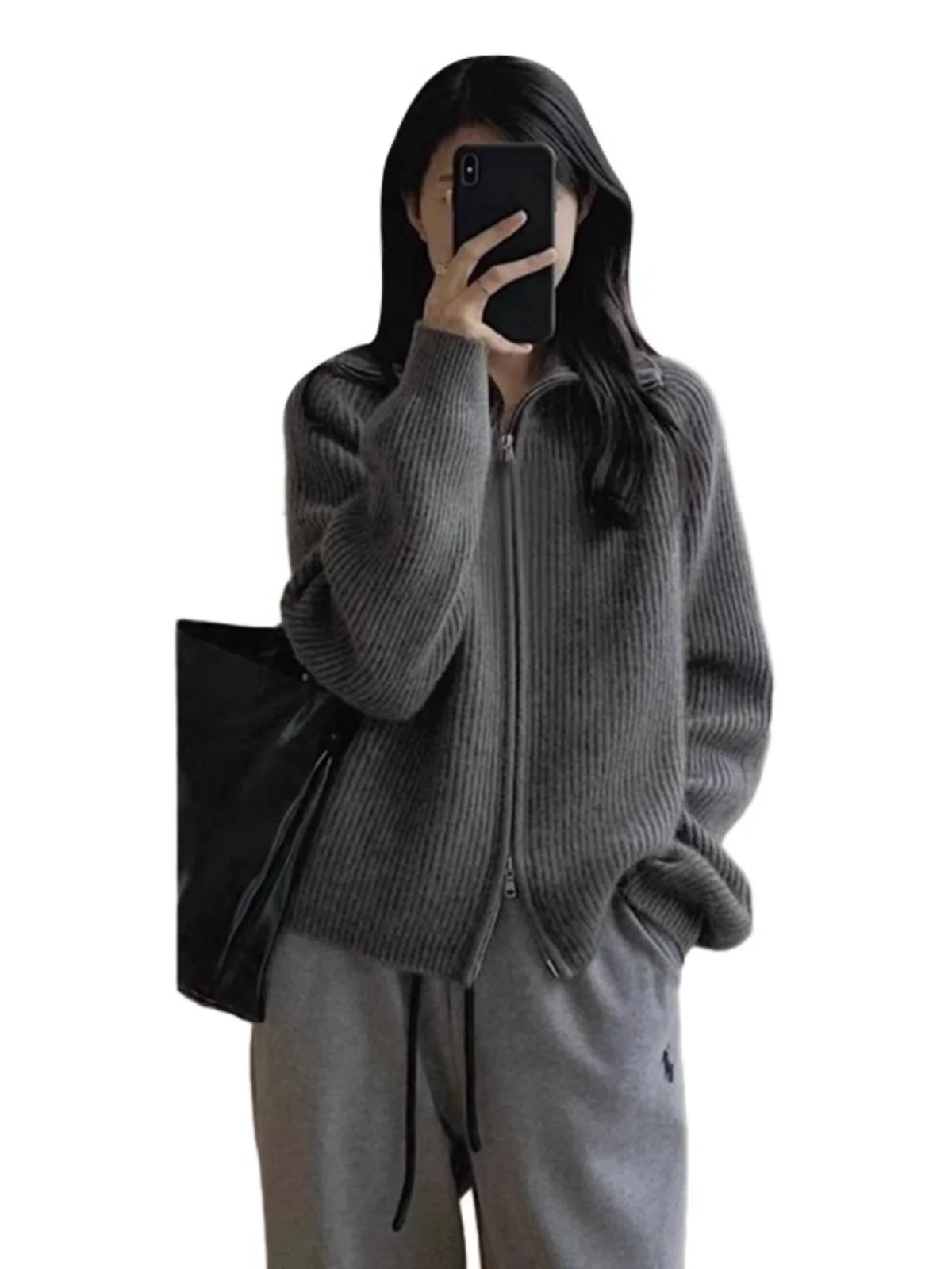 Серый свитер с воротником на молнии женский осенне-зимний 2024 новая популярная