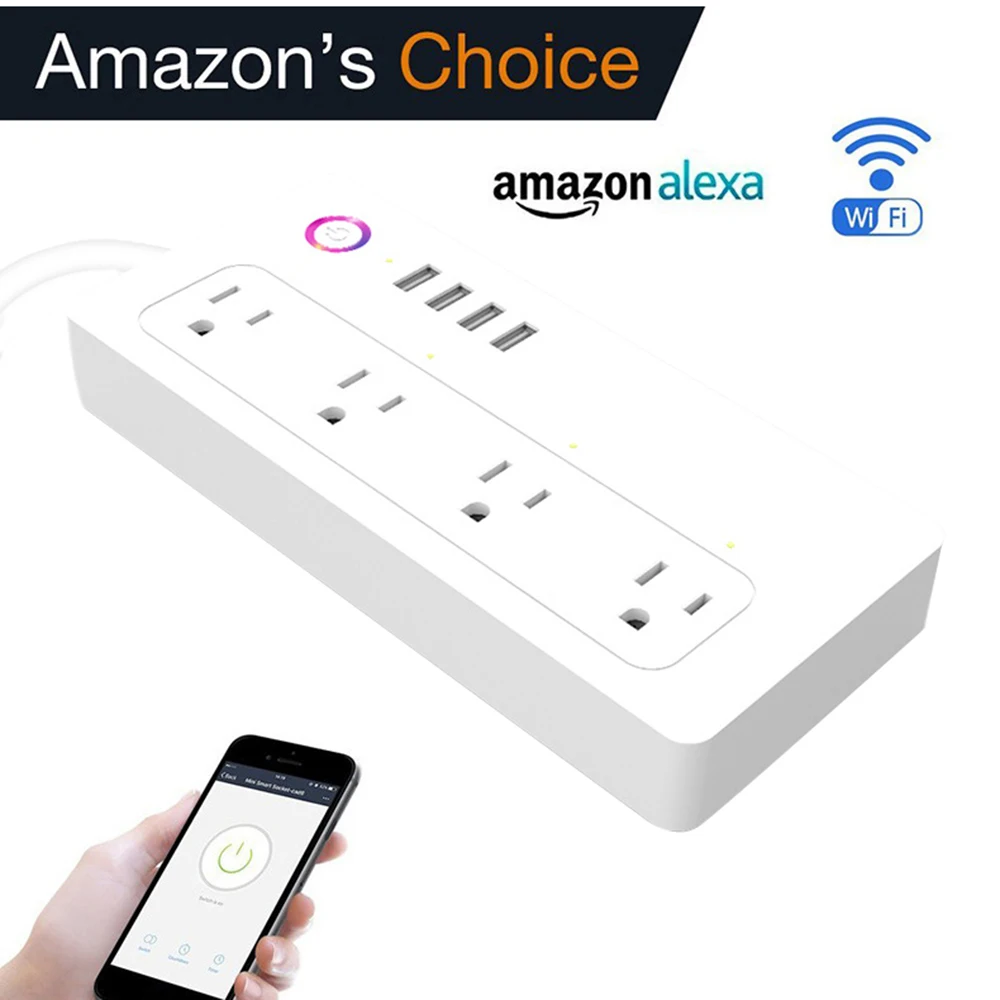 

Wifi Smart Power Strip 4 Outlets Plug 4 USB Charging Port Timing App Voice Control Work with Alexa, Home Assistant