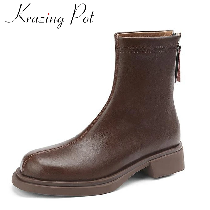 

Krazing Pot Full Grain Leather Round Toe Med Heels Chelsea Boots Platform Cozy Preppy Style Causal Party Ins Zipper Ankle Boots