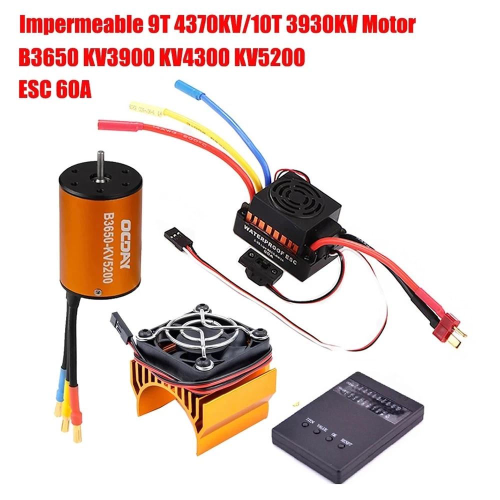 Waterproof 9T 4370KV 10T 3930KV 3650 3900KV 4300KV 5200KV Brushless Motor 60A ESC Programmer Card Set for 1:10 1/10 RC Car Truck