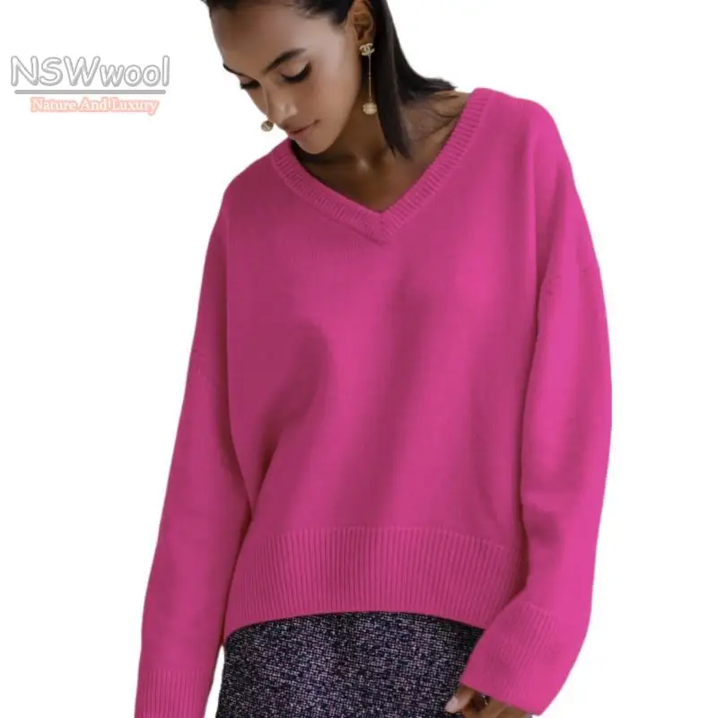 

2022 Autumn Warm Knitted Women's Sweater Red Oversize Long Sleeve V-neck Elegant Sweaters Female Winter Casual Ladies Pullover