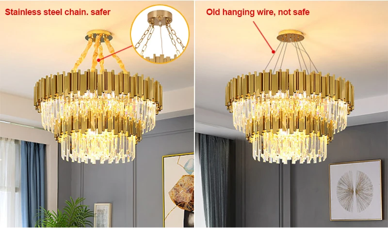 Luxury Modern Chandelier Gold Round Oval Stainless Steel K9 Crystal Tricolor Pendant Light for Dining Room, Living Room, Bedroom