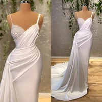 vintage satin white evening dresses sexy sleeveless beads prom gowns with long train formal pearls party wedding dresses