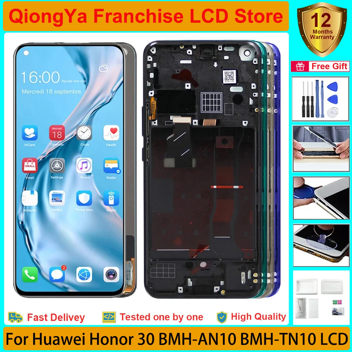 

Tested 6.53" Original honor 30 Display For Huawei Honor 30 BMH-AN10 BMH-TN10 With Frame LCD and Touch Screen Digitizer Assembly