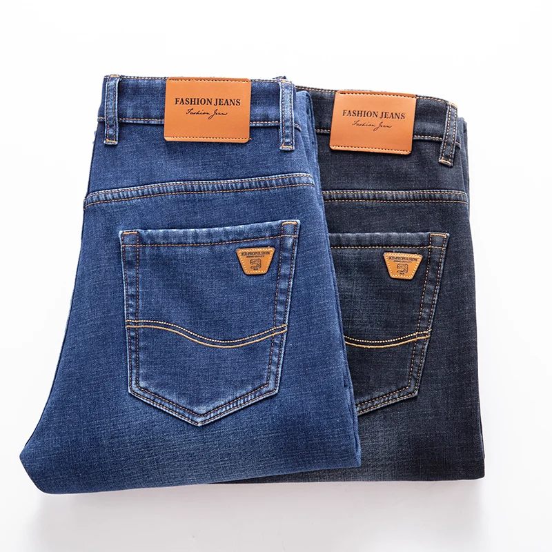 Classic Style Winter Men's Fleece Warm Straight Jeans Business Fashion Cotton Denim Stretch Pants Thick Trousers Male Black Blue