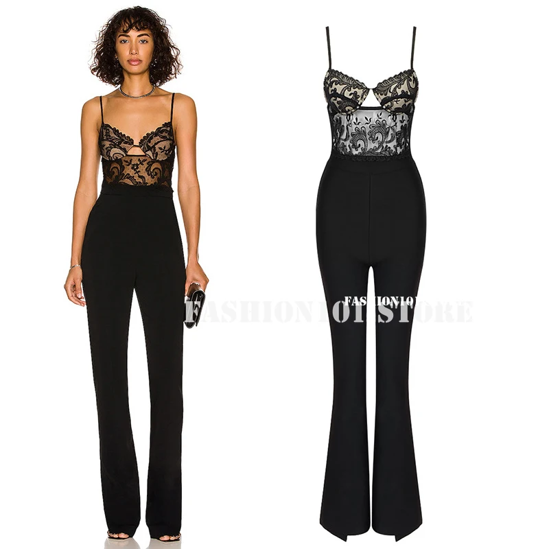 luxry deisgn high end 2022 Black Camisole sheer Lace Stretch Jumpsuit sexy Slim fits Bandage jump suits for women jumpsuits S-L