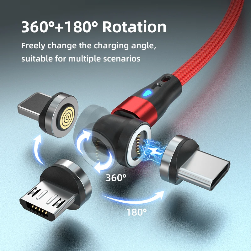 Магнитный Кабель С Поворотом На 540 Градусов, 3 А, Быстрая Зарядка, USB C Lightning Micro USB