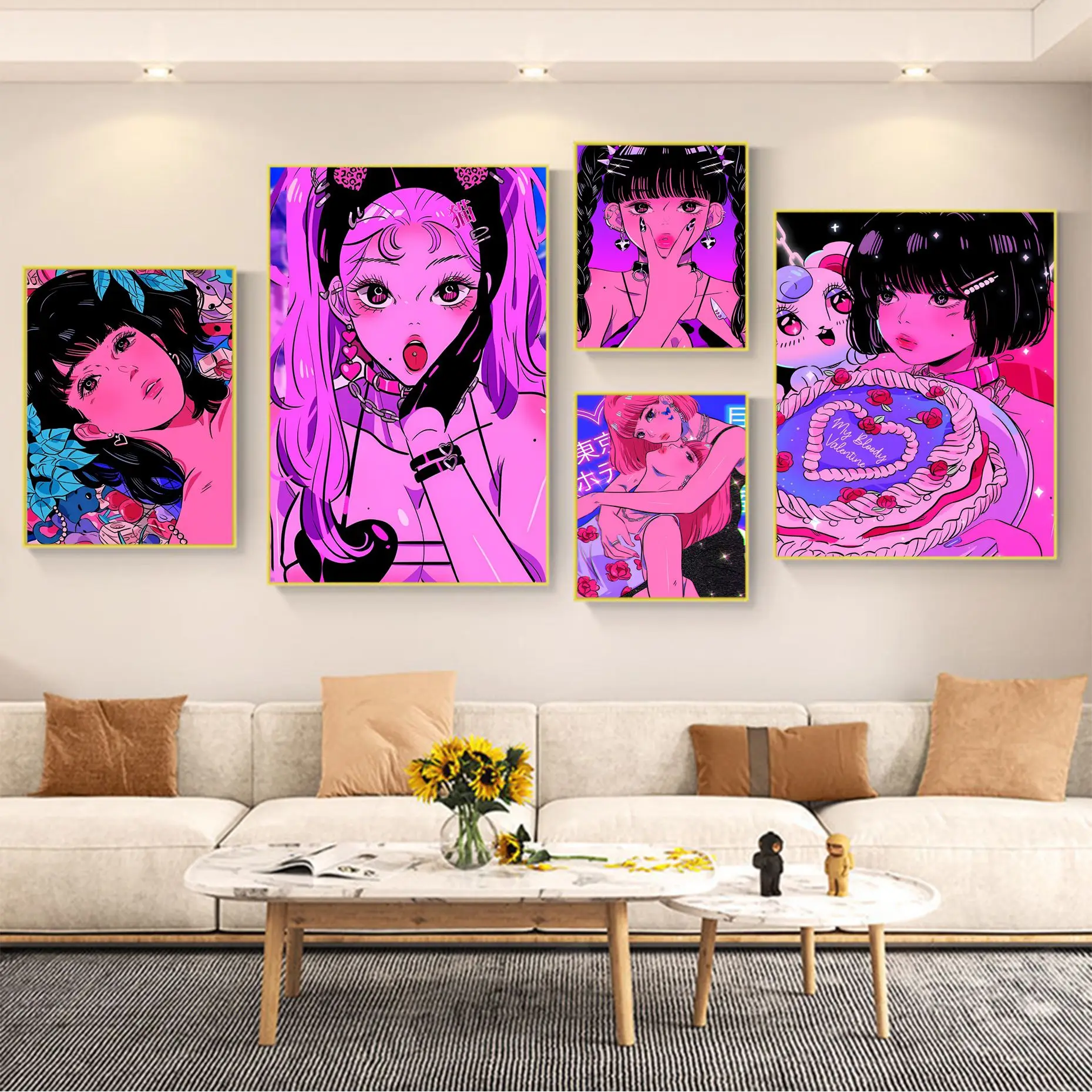 

Cute Pink Sweet Girl Poster Self-adhesive Art Poster Retro Kraft Paper Sticker DIY Room Bar Cafe Stickers Wall Painting