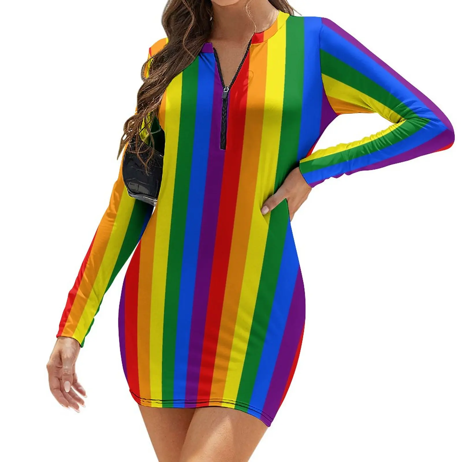 

Платье женское с длинным рукавом, модное облегающее С Разноцветными полосками, с радужным принтом, уличная одежда, большие размеры, на лето