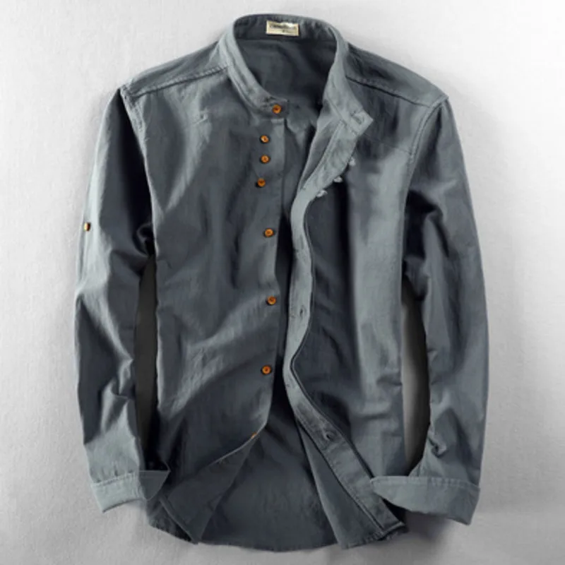 

Spring Mens Shirt Japan Vintage Style Premium Linen Stand Collar Slim Fit Single Breasted Simple Design Casual Shirts Fashion