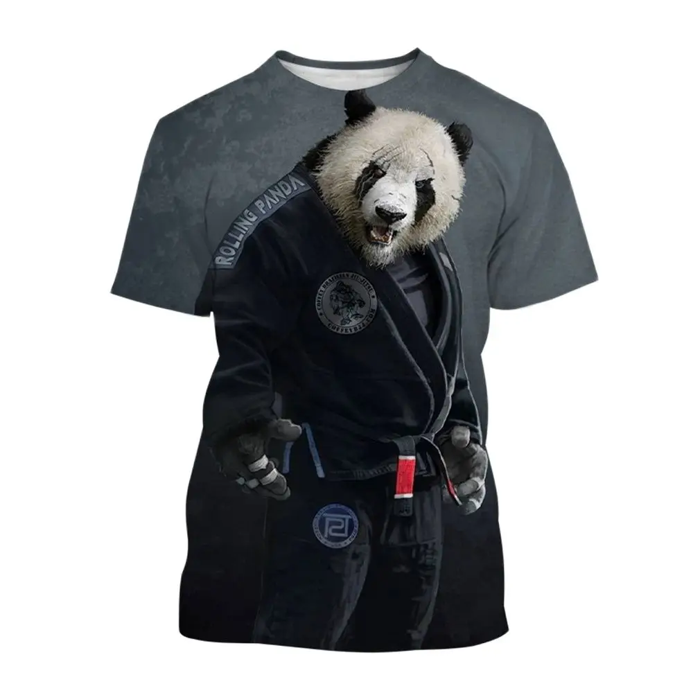 3D Fashion Trend Wrestling Panda Pattern Round Neck Short Sleeve Comfortable Breathable Material Daily Outdoor Sports Style T-sh