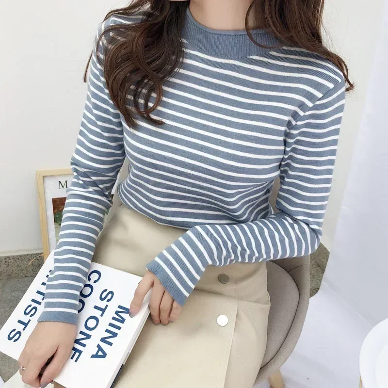 

Women Sweaters Pullovers Tops Autumn Winter Fashion Female Elastic Loose Long Sleeve Casual Striped Knitted Shirts Jumper Tops