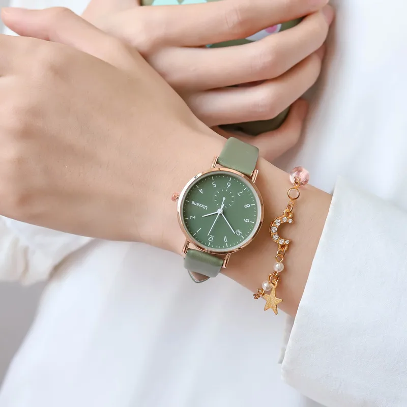 

Simple Green Women Watches With Bracelet Ulzzang Fashion Brand Ladies Leather Wristwatches Retro Female Clock Montre Pour Femme