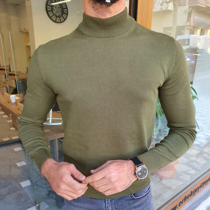 

Autumn Winter Warm Wool Knitting Sweater Jumper Fashion Turtleneck Long Sleeve Pullover Mens Casual Solid Knitted Sweater Men