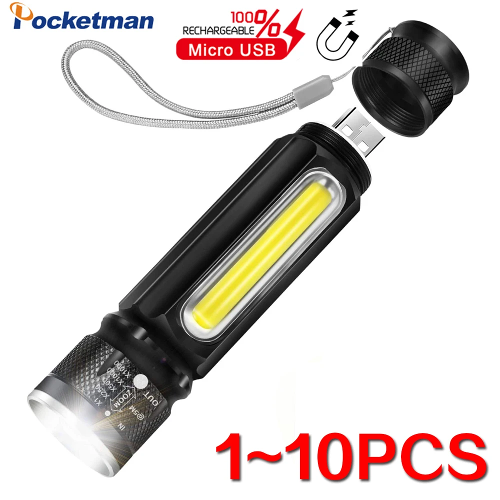

1/10 Pcs T6 LED Flashlight with COB Side Light USB Fast Charging Flashlights Waterproof Torch Magnetic Tail Work Light
