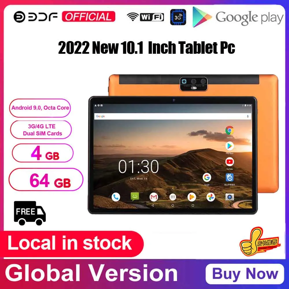 

10.1 Inch Tablet Pc 4GB/64GB Octa CoreDual SIM Cards 3G Phone Call Pad Pro Tablet Android 9.0 Google Play GPS WiFi Bluetooth Tab