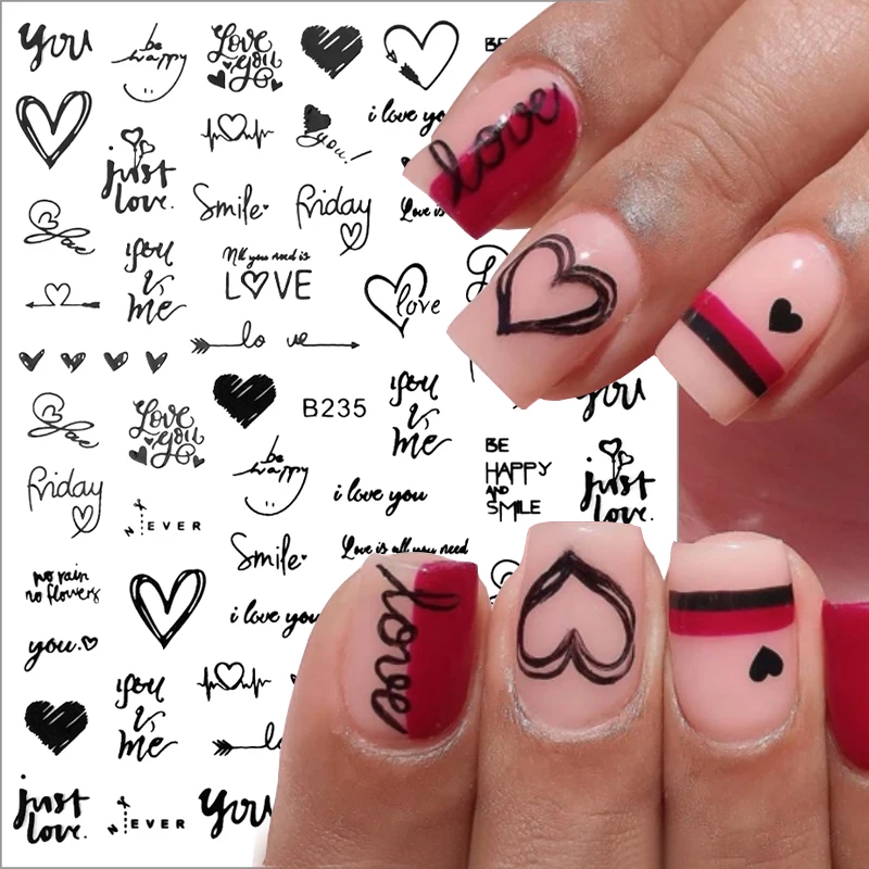 

Black Heart Love Letters Nail Stickers Self-Adhesive Slider Nail Art Decorations 3D Valentines Decals Manicure Accessories Tool