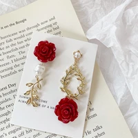 red rose flower earrings leaf asymmetrical pendant pearl silver needle earrings korea dongdaemun earrings