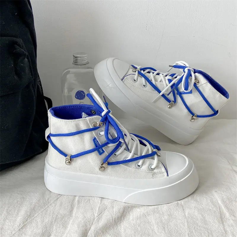 HOUZHOU High Platform Flat Canvas Blue Women's 2022 Spring New Casual White Vulcanize Shoes Sneakers Running Harajuku Rubber