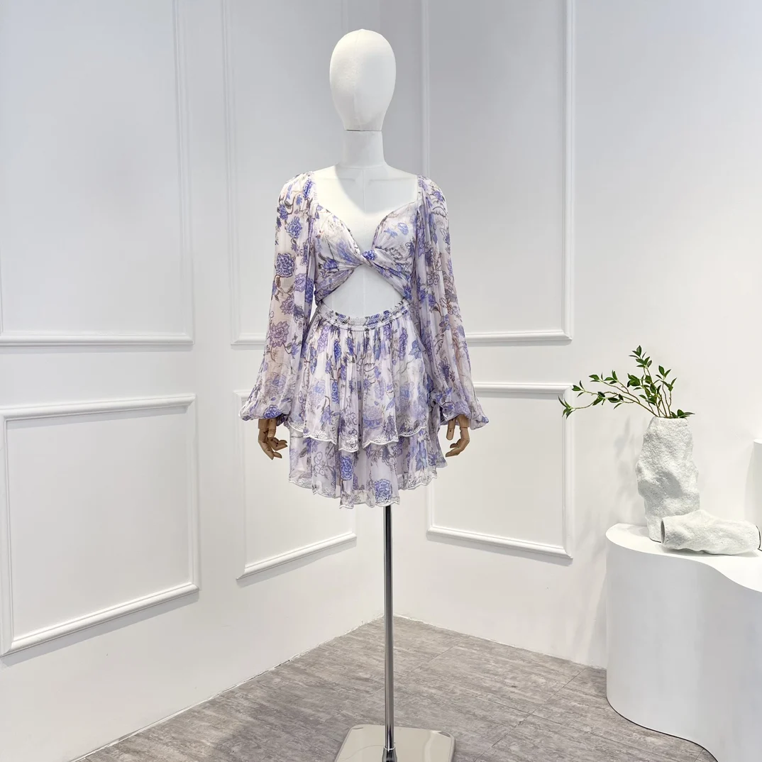 

Romantic 2023 Unique Design Summer Beach Style Violet Floral Long Sleeve Cut Out A-Line High Strecth Slim Fit Mini Dress