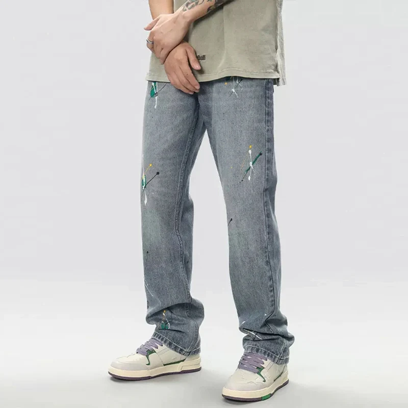 American Street Fashion Men Jeans Retro Blue Painted Designer Ripped Jeans Men Straight Trousers Casual Loose Denim Pants Hombre