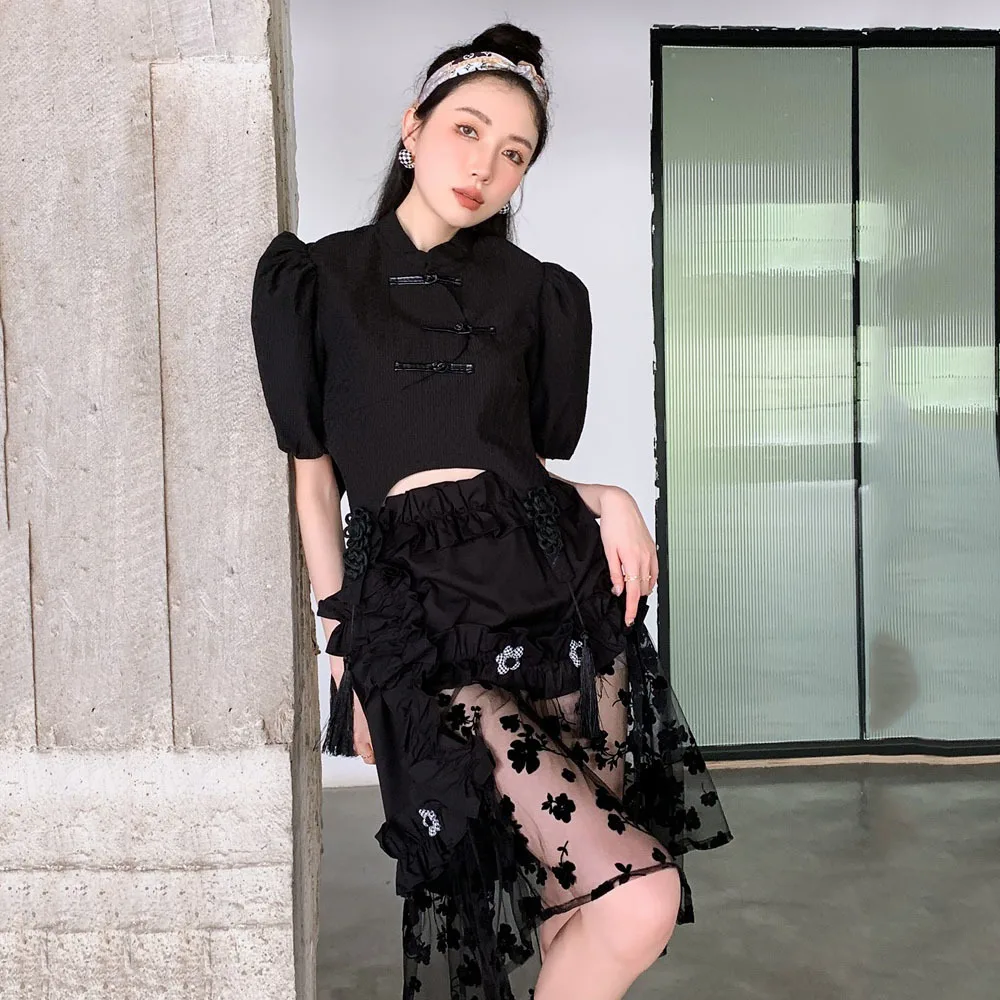 

2022 Fashion Frill Skirts Women Summer Black Irregular Korean Style Lace Patchwork 3D Flowers Street High Waist Skirt Gothic Ins