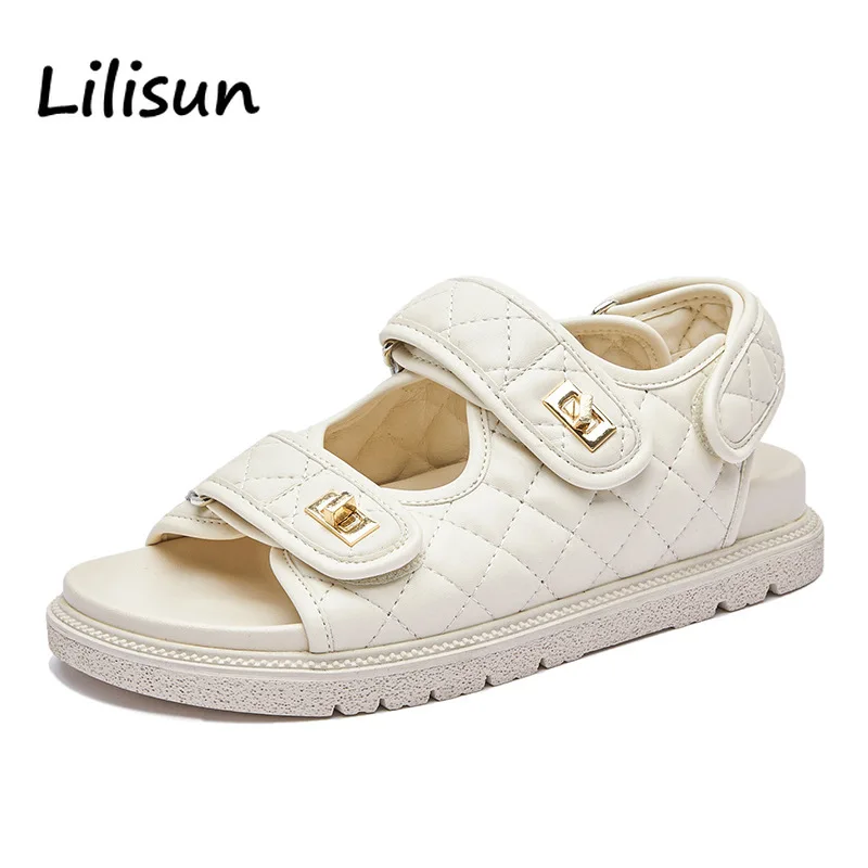 Genuine Leather Platform Sandals Women Round Toe Quilted Hook Loop Casual Ladies Summer White Shoes Sapatos Femininos Sandalias