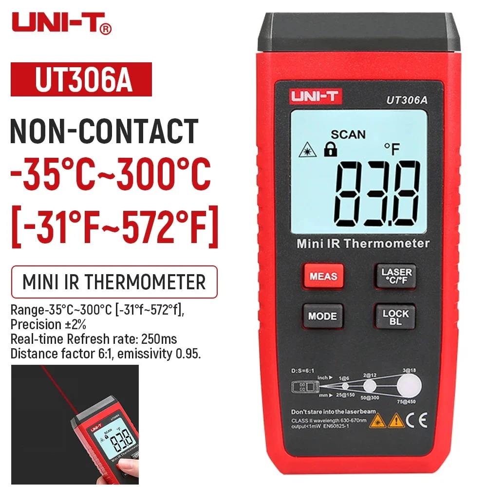 

UNI-T UT306A Non Contact Infrared Mini IR Thermometer Laser Digital Thermometer LCD Display Industrial Temperature Meter Tools