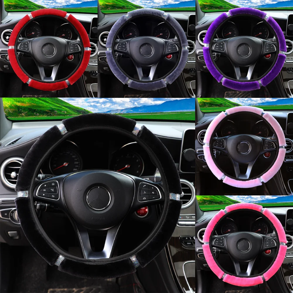 

Car Steering Wheel Cover Plush Imitation Diamond Female No Inner Ring Elastic Belt Cover 37/38cm