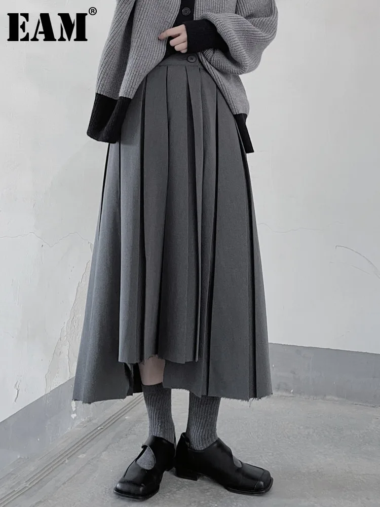 

[EAM] High Waist Gray Asymmetrical A-Line Long Pleated Half-body Skirt Women Fashion Tide New Spring Autumn 2023 1DF3737
