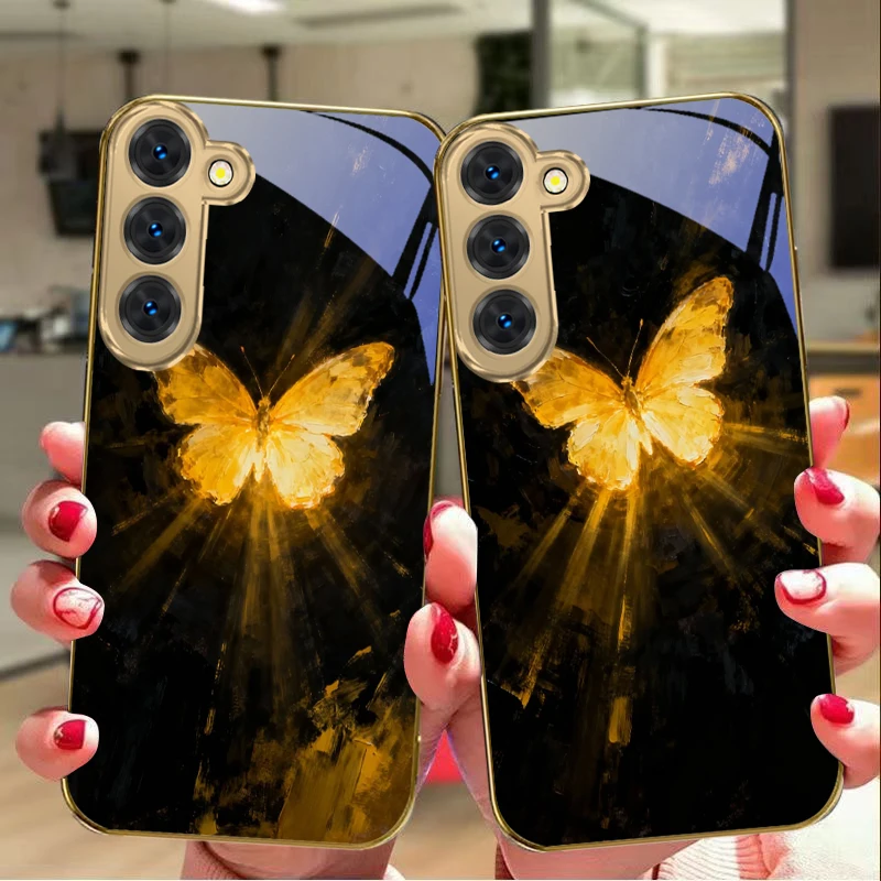 Фото Загадочный чехол-бабочка для Samsung Galaxy S26 S20 FE S21 Plus S22 S23 Plus S24 Ultra S25 S21+ S9, золотой, стеклянный №5