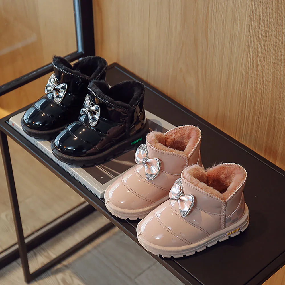 

Winter Princess Martin Boots For Girls Korean Style Rhinestone Butterfly Fashion Snow Boots Thick Warm Plush Cotton Shoes