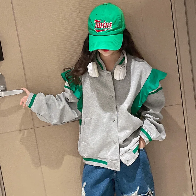 

Бейсбольная униформа для девочек 4-14 лет, модная повседневная кружевная топ в стиле пэчворк, одежда для детей, на весну-осень