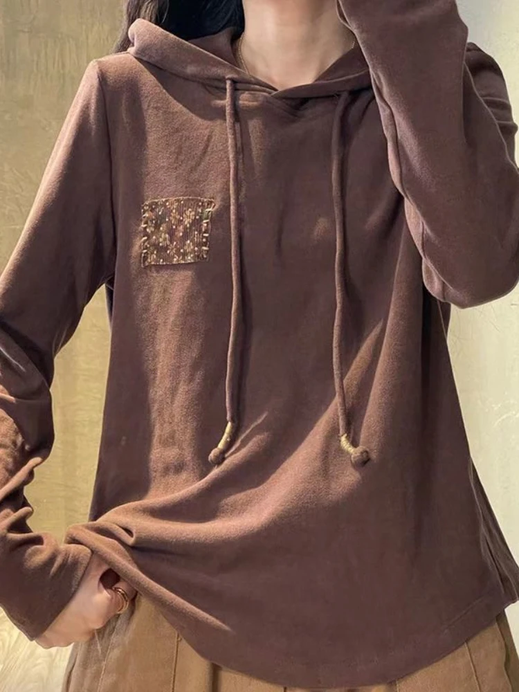 

Vintage Fashion Hoodies Spring Autumn Long Sleeve Solid Applipues Drawstring Sweatshirts Casual Loose All Match Women Sudaderas