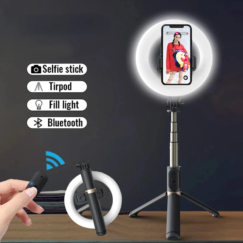 

2022 Mini Wireless Bluetooth-compatible Selfie Stick Foldable Handheld Remote Shutter Tripod With LED Ring Photography Light
