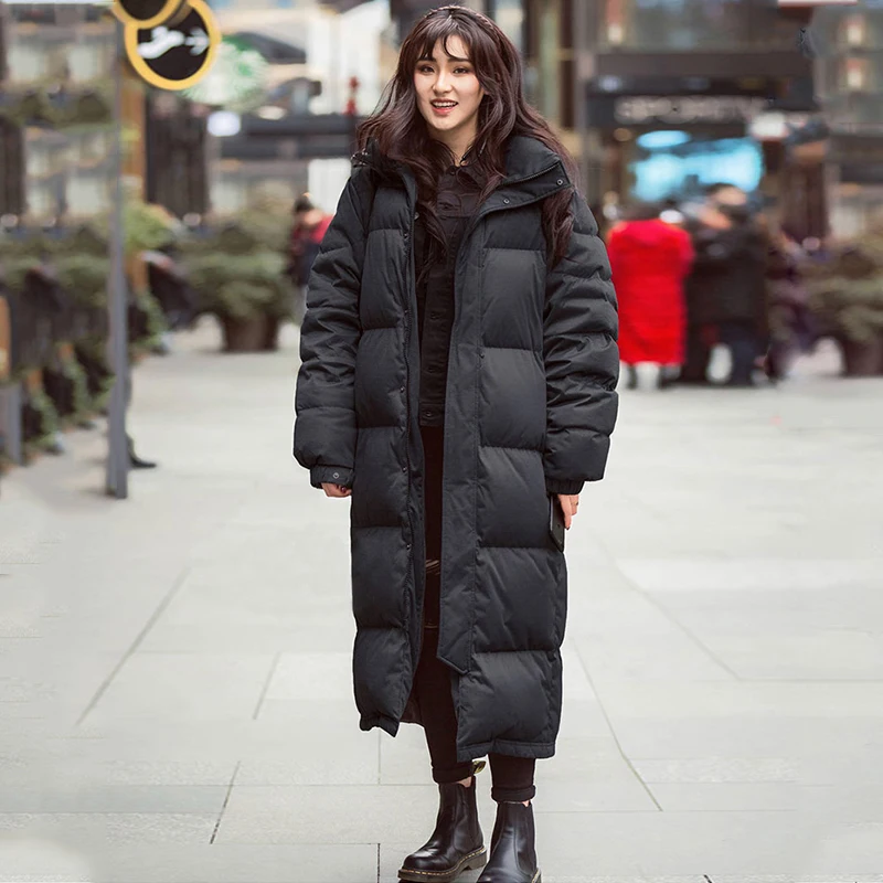 

2021Winter Long Duck Down Jacket Women Hooded Parkas Black Loose Thick Warm Female Down Coat Fashion Casual Windproof Outwear