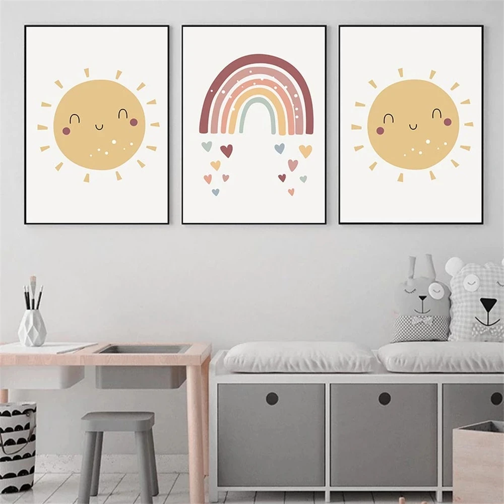 

Nordic Baby Rainbow Sun Cloud Wall Art Prints Heart Star Canvas Painting Nursery Art Posters Modern Picture Baby Kids Room Decor