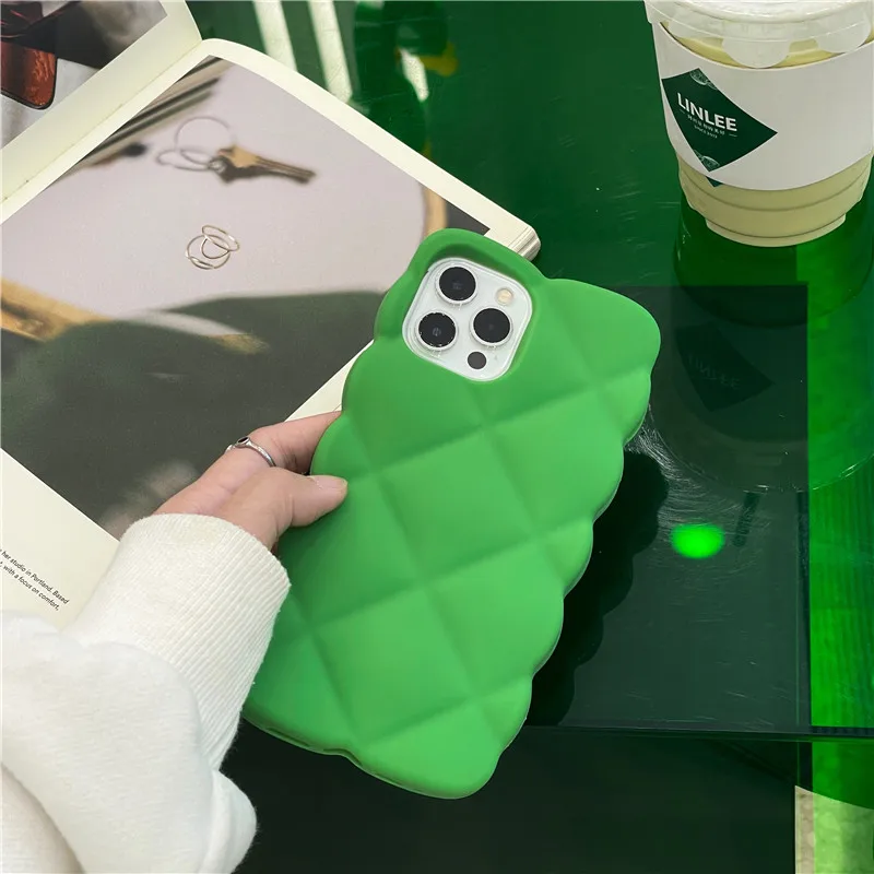 

Luxury Rhombic Grid Green Silicone Phone Case For iphone 14 13 12 11 Pro XS Max XR X 6S 6 7 8 Plus SE2 3D Shockproof Soft Shell