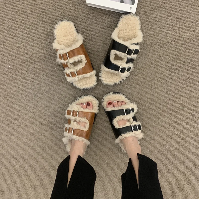 

Double belt Lamb Wool Slippers Autumn and Winter New Net Red Wool Shoes Women's Outer Wear 2022 Fluffy House Slippers