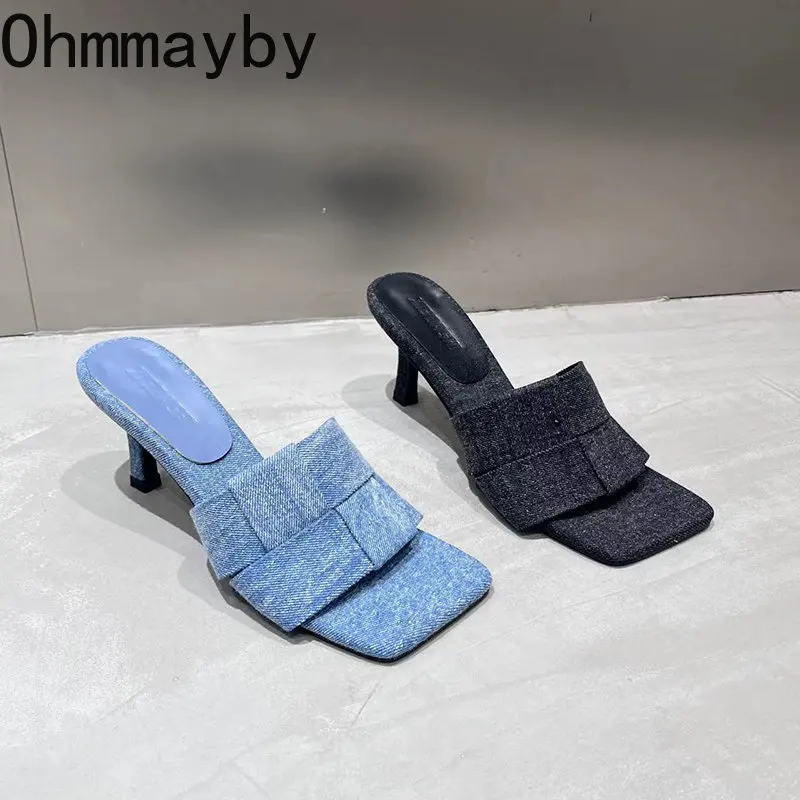 

2023 Summer New Women Slipper Fashion Square Toe Thin High Heel Sandalias Ladies Elegant High Quality Dress Slides Pumps