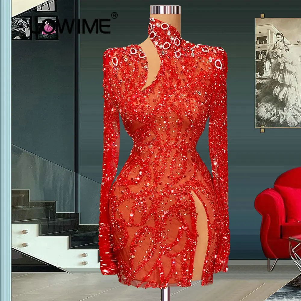 

Lowime Sparkly Red Long Sleeves Women Prom Dresses 2022 High Neck Sexy Illusion Brithday Party Gowns Mini Mermaid Robes Cocktail