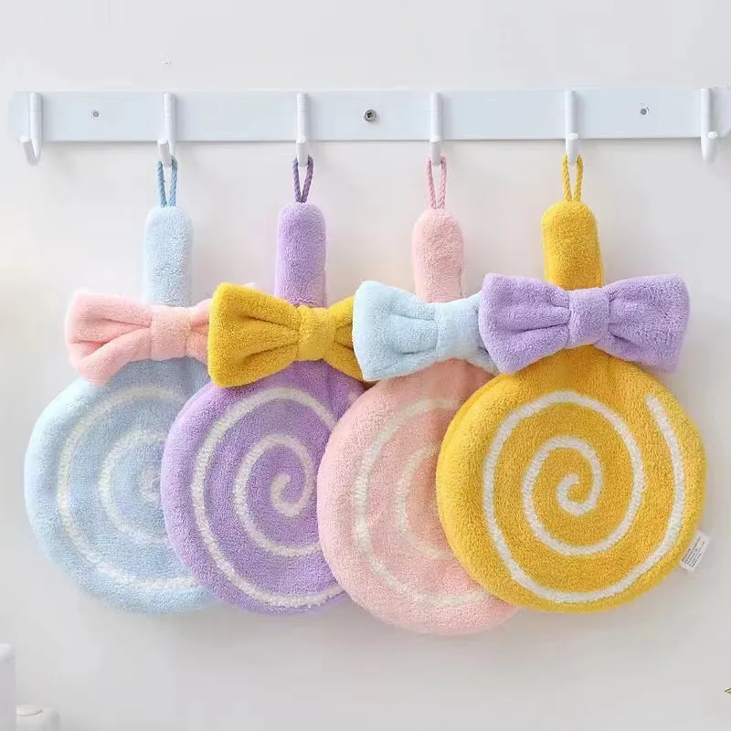 

Lollipop Shape Coral Fleece Hangable Hand Towel Absorbent Hanging Wipe Cloth Hand Towel Kitchen Bathroom Cleaning Washing Towel