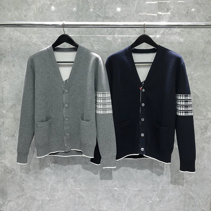 TB THOM Men's Sweaters 2023 New In Korean Fashion Tops Kawaii Aircraft Pattern Stripes V-neck Cardigans Casual Harajuku Sweaters