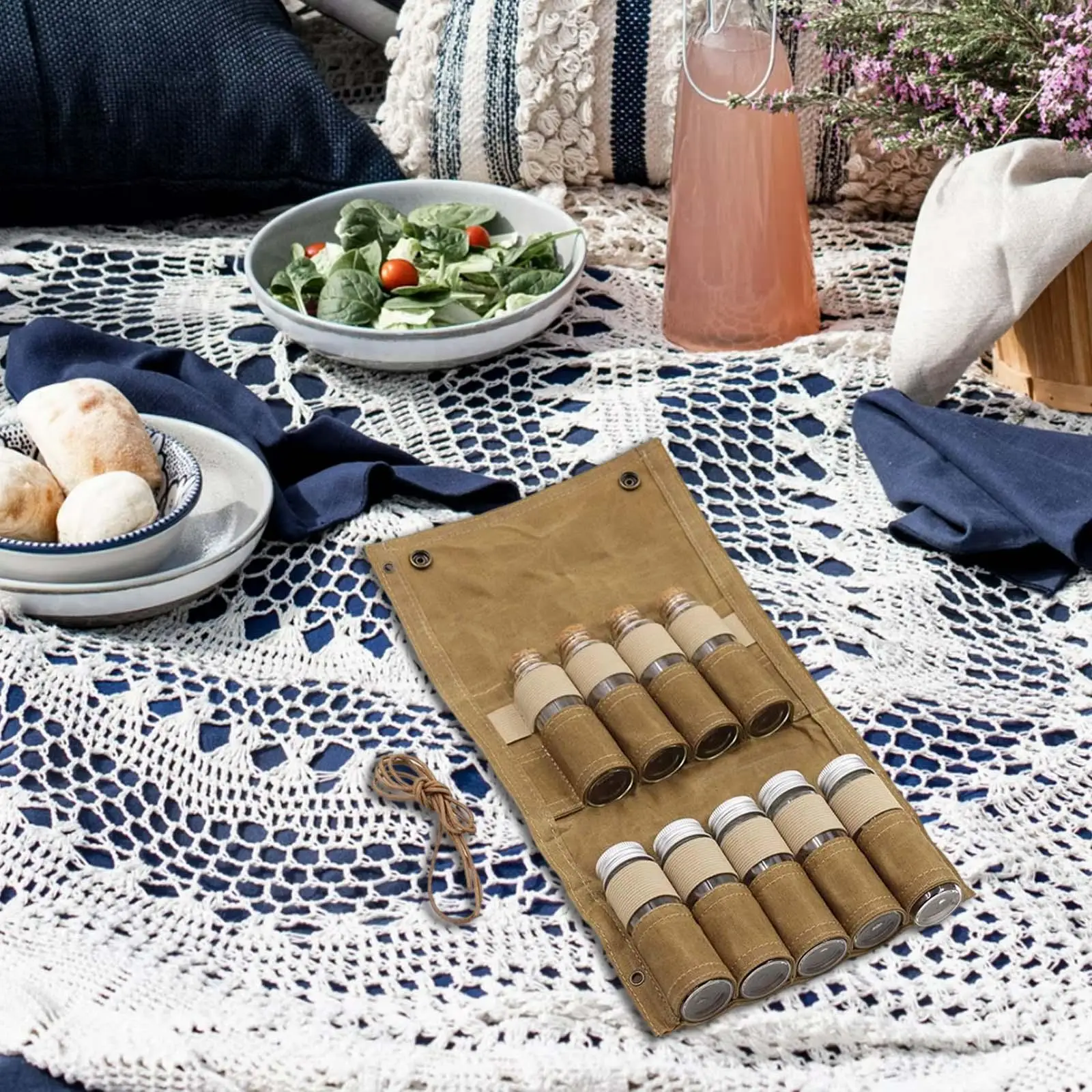 

Barbecue Canvas case Mini Holes Set Cookware 9 Spice Jar Condiment Bottle Kit for Traveling Outdoor Barbecue Picnic Hiking